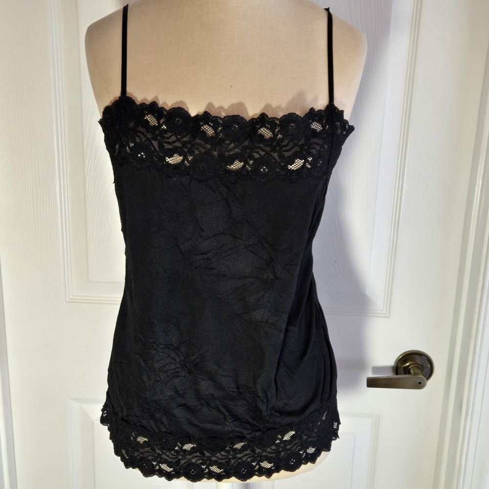 Lily White Vintage Black Crinkle Camisole Top Women's Size M Lace‎ Made In USA